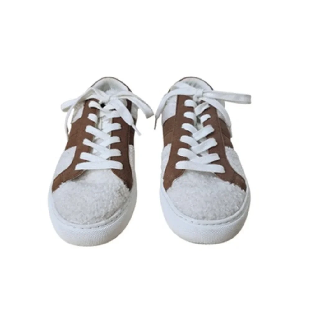 J.Crew Shoes Womens Size 7.5 White Brown Sherpa Faux Fur Low Top Lace‎ Up BJ272